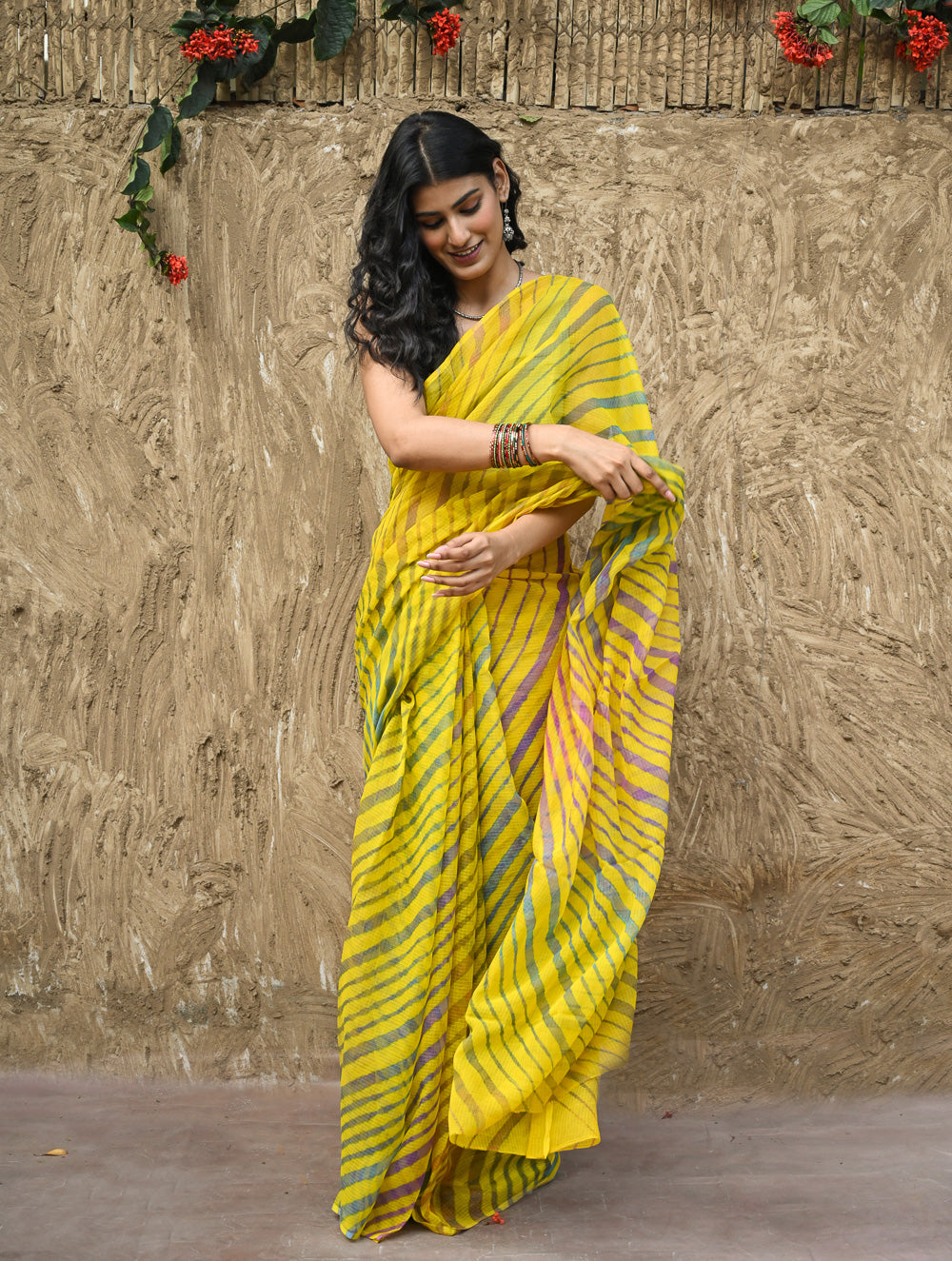 The Rang Tarang Collection : Hand Dyed Leheriya Kota Cotton Saree - Basant Leher