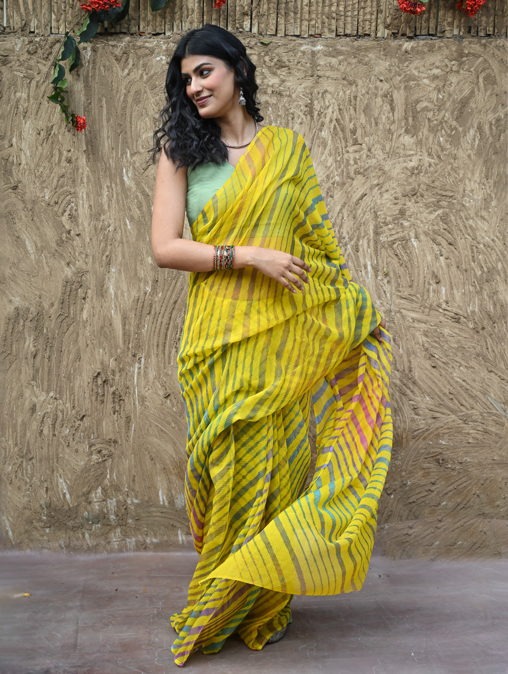 The Rang Tarang Collection : Hand Dyed Leheriya Kota Cotton Saree - Basant Leher