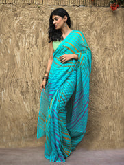 The Rang Tarang Collection : Hand Dyed Leheriya Kota Cotton Saree - Neel Sarovar