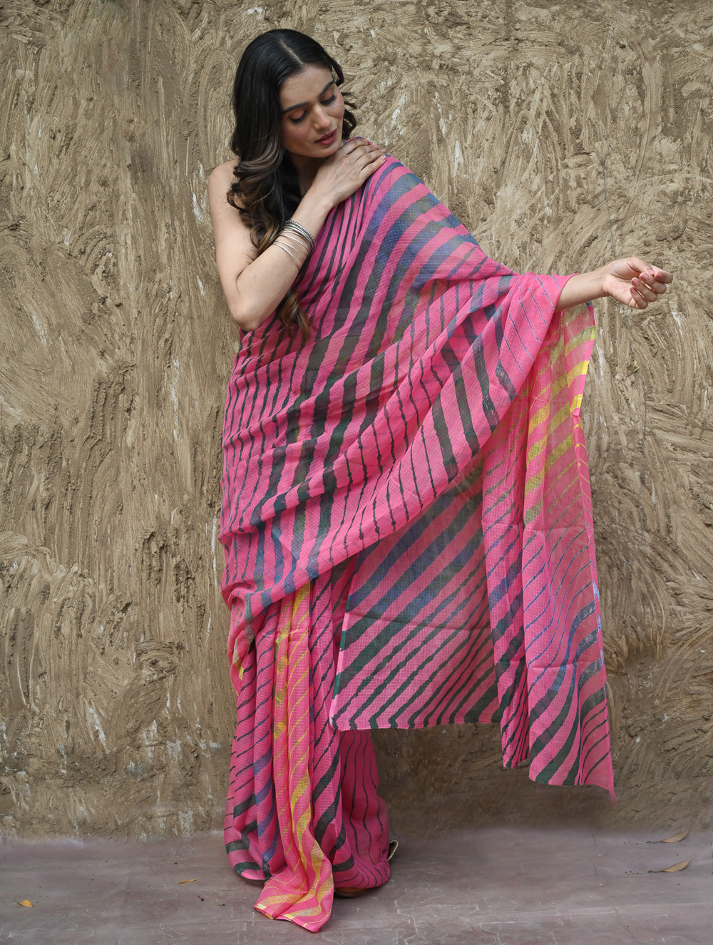 The Rang Tarang Collection : Hand Dyed Leheriya Kota Cotton Saree - Gulabi Ghoomar