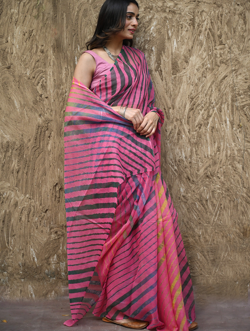 The Rang Tarang Collection : Hand Dyed Leheriya Kota Cotton Saree - Gulabi Ghoomar