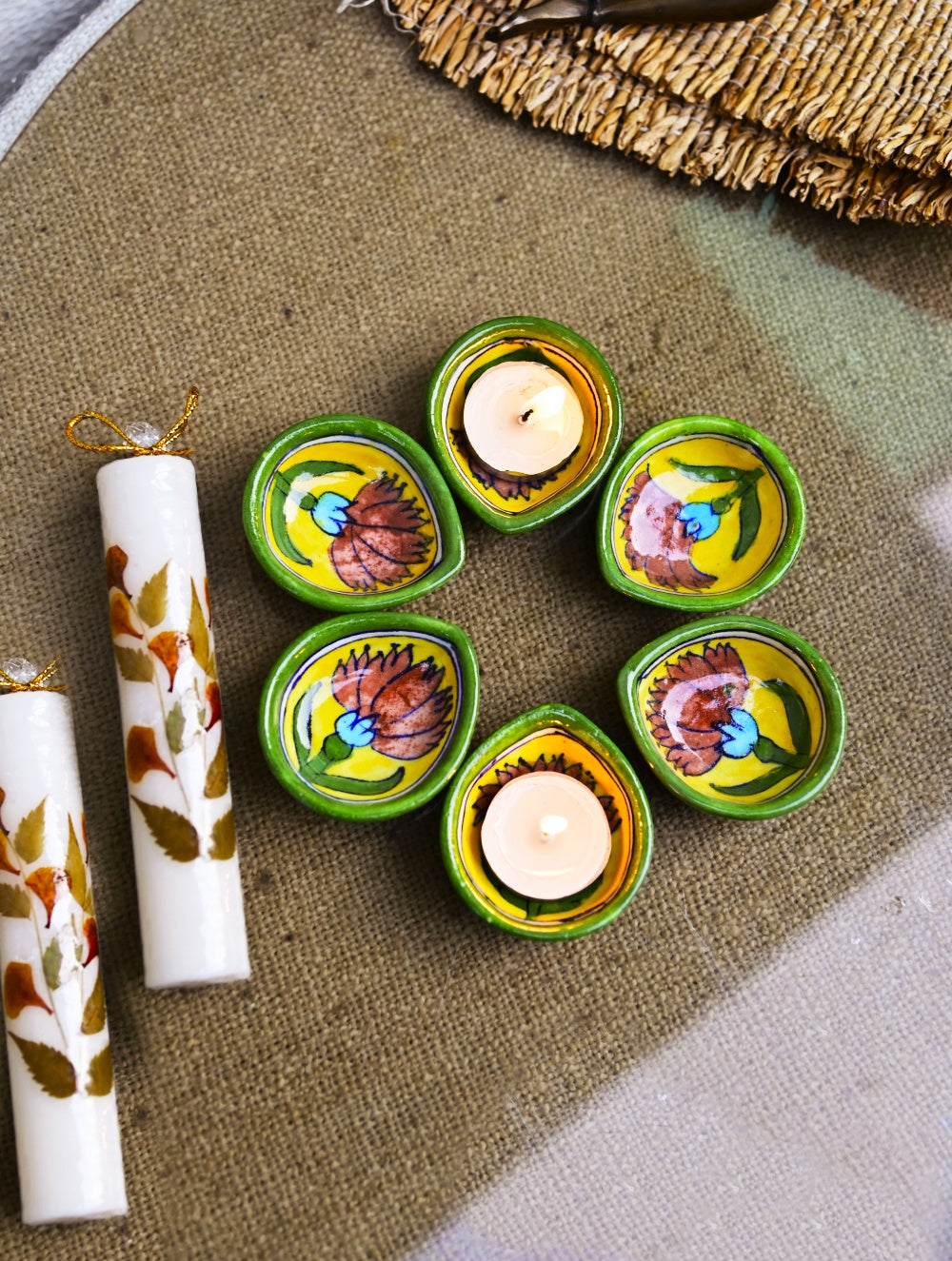 The Heritage Diya Collection: Jaipur Blue Pottery Diyas (Set of 6) & Aromatic Puducherry Candles (Set of 2) - Floral Reverie