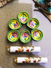 The Heritage Diya Collection: Jaipur Blue Pottery Diyas (Set of 6) & Aromatic Puducherry Candles (Set of 2) - Floral Reverie