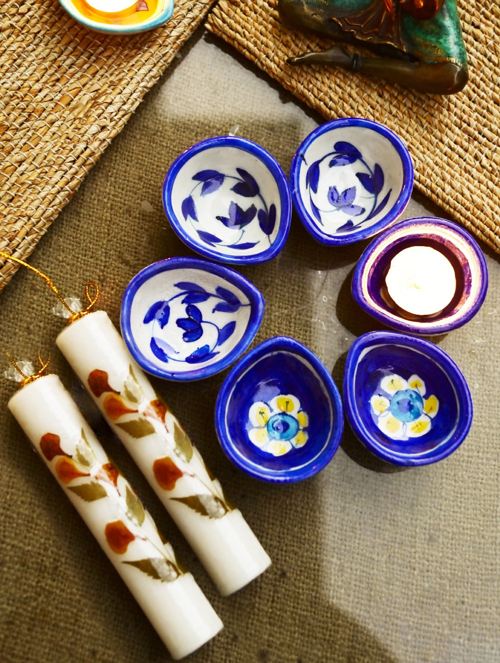 The Heritage Diya Collection: Jaipur Blue Pottery Diyas (Set of 6) & Aromatic Puducherry Candles (Set of 2) - Indigo Glow