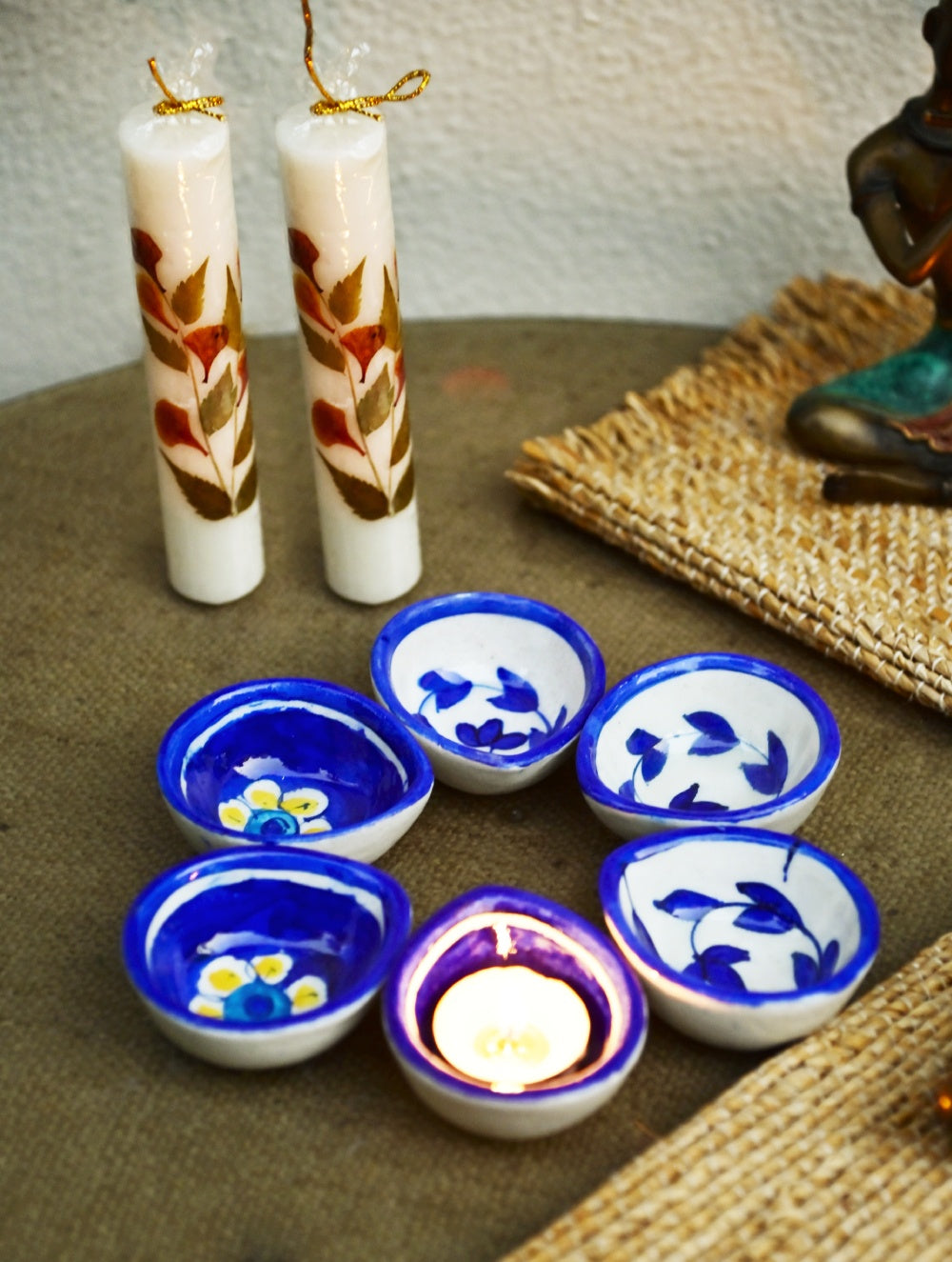 The Heritage Diya Collection: Jaipur Blue Pottery Diyas (Set of 6) & Aromatic Puducherry Candles (Set of 2) - Indigo Glow