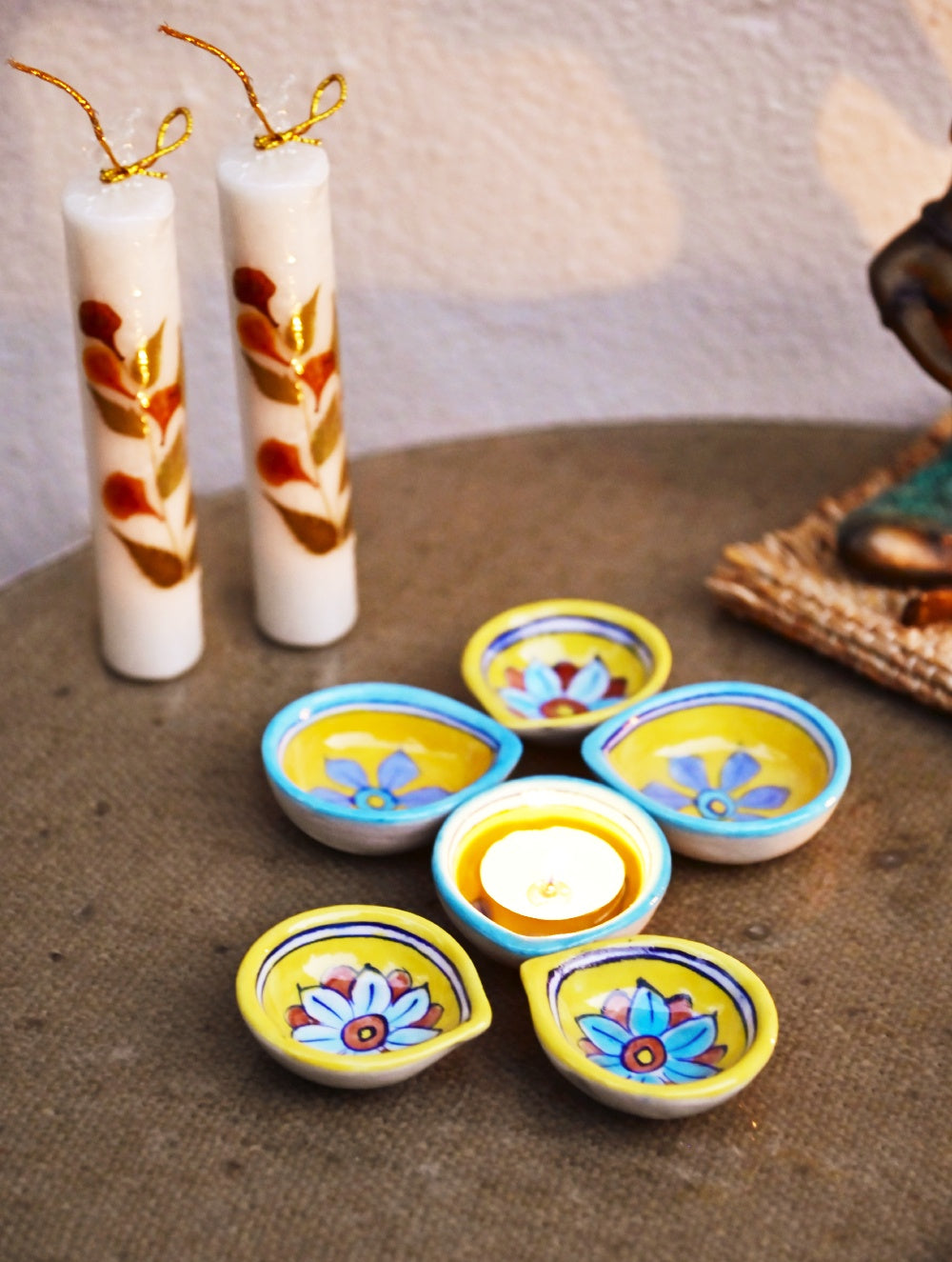 The Heritage Diya Collection: Jaipur Blue Pottery Diyas (Set of 6) & Aromatic Puducherry Candles (Set of 2) - Floral Medley.