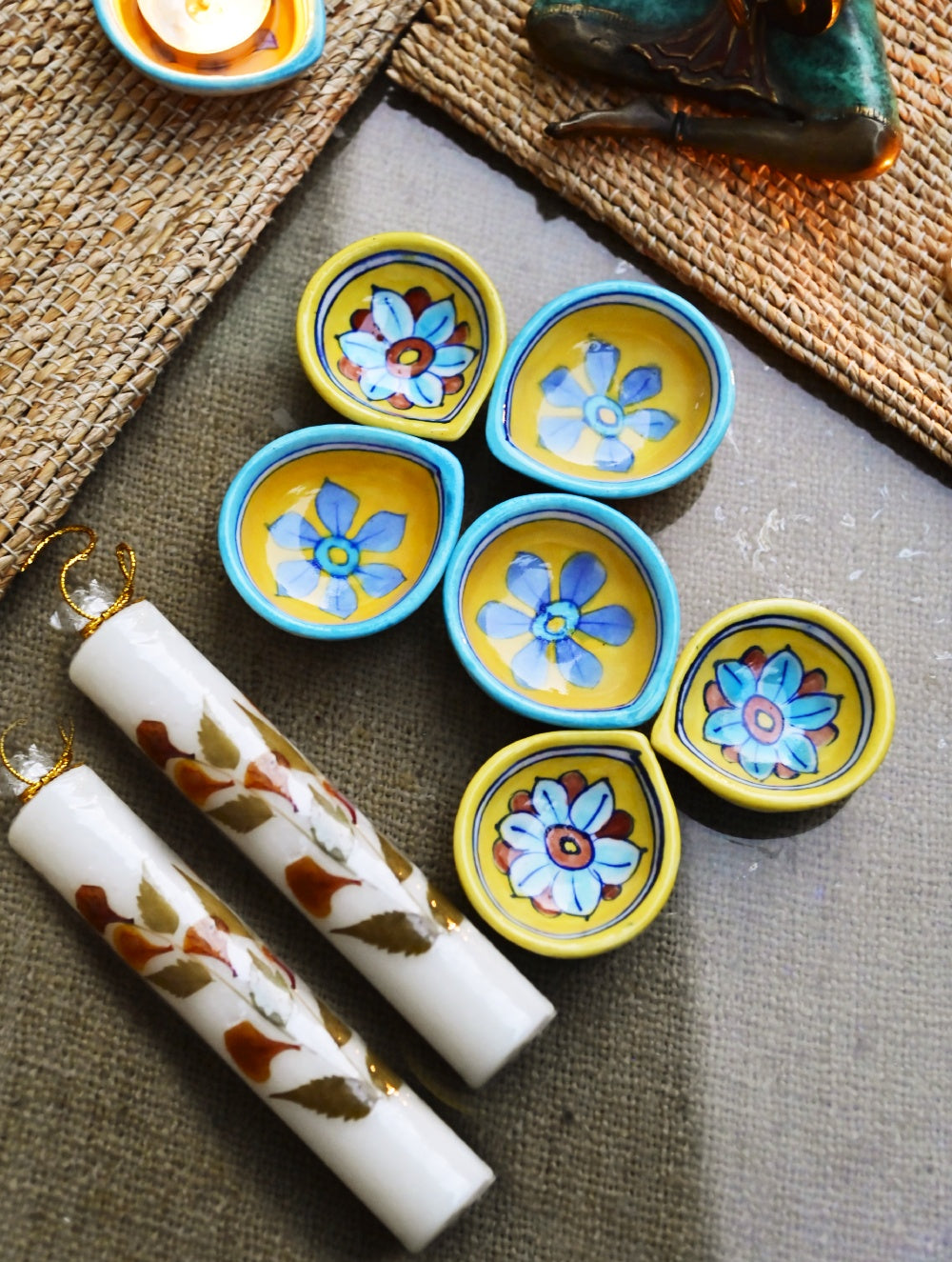 The Heritage Diya Collection: Jaipur Blue Pottery Diyas (Set of 6) & Aromatic Puducherry Candles (Set of 2) - Floral Medley.