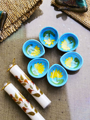 The Heritage Diya Collection: Jaipur Blue Pottery Diyas (Set of 6) & Aromatic Puducherry Candles (Set of 2) - Lotus Lumière