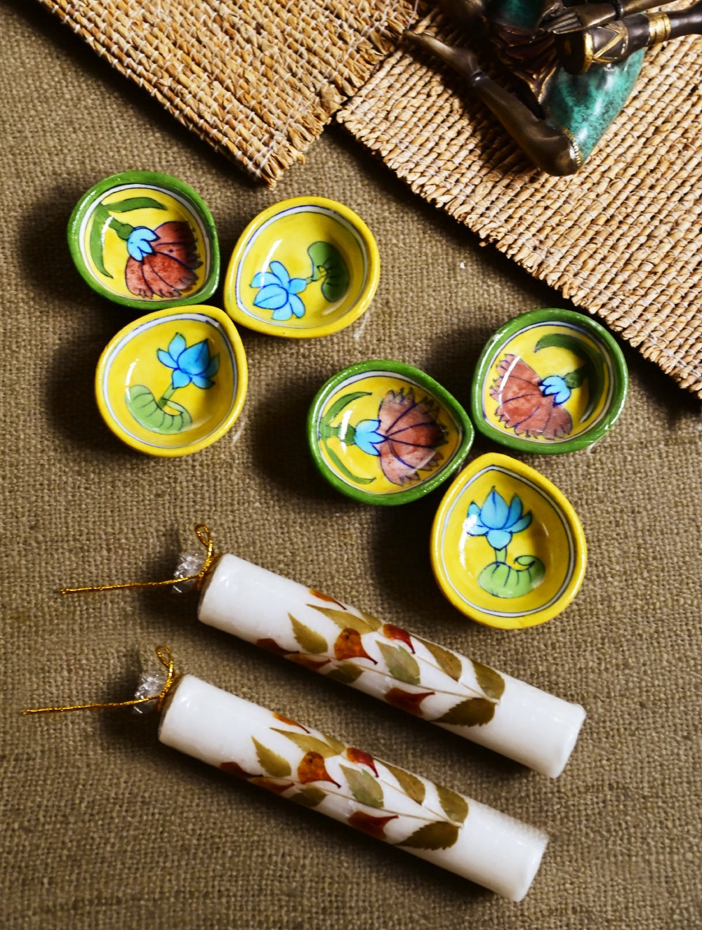 The Heritage Diya Collection: Jaipur Blue Pottery Diyas (Set of 6) & Aromatic Puducherry Candles (Set of 2) - Petals & Light