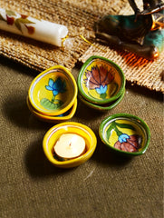The Heritage Diya Collection: Jaipur Blue Pottery Diyas (Set of 6) & Aromatic Puducherry Candles (Set of 2) - Petals & Light