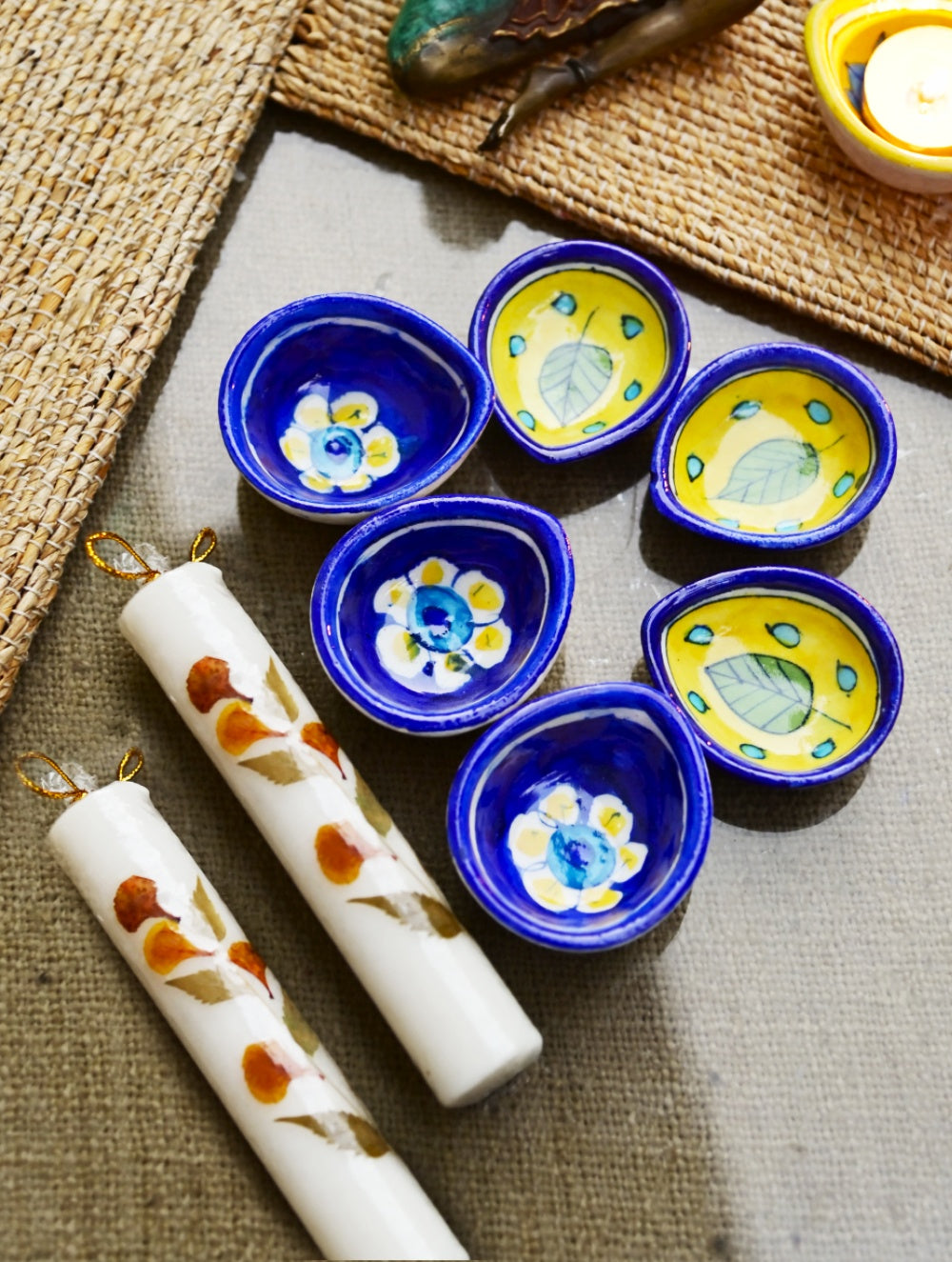 The Heritage Diya Collection: Jaipur Blue Pottery Diyas (Set of 6) & Aromatic Puducherry Candles (Set of 2) - Indigo Mustard
