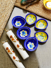 The Heritage Diya Collection: Jaipur Blue Pottery Diyas (Set of 6) & Aromatic Puducherry Candles (Set of 2) - Indigo Mustard