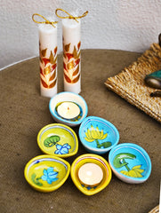 The Heritage Diya Collection: Jaipur Blue Pottery Diyas (Set of 6) & Aromatic Puducherry Candles (Set of 2) - Kamal Medley
