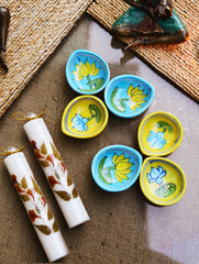 The Heritage Diya Collection: Jaipur Blue Pottery Diyas (Set of 6) & Aromatic Puducherry Candles (Set of 2) - Kamal Medley