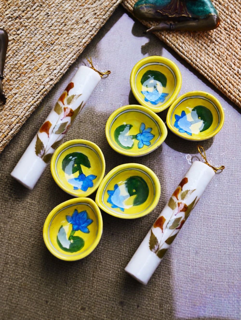 The Heritage Diya Collection: Jaipur Blue Pottery Diyas (Set of 6) & Aromatic Puducherry Candles (Set of 2) - Neel Kamal
