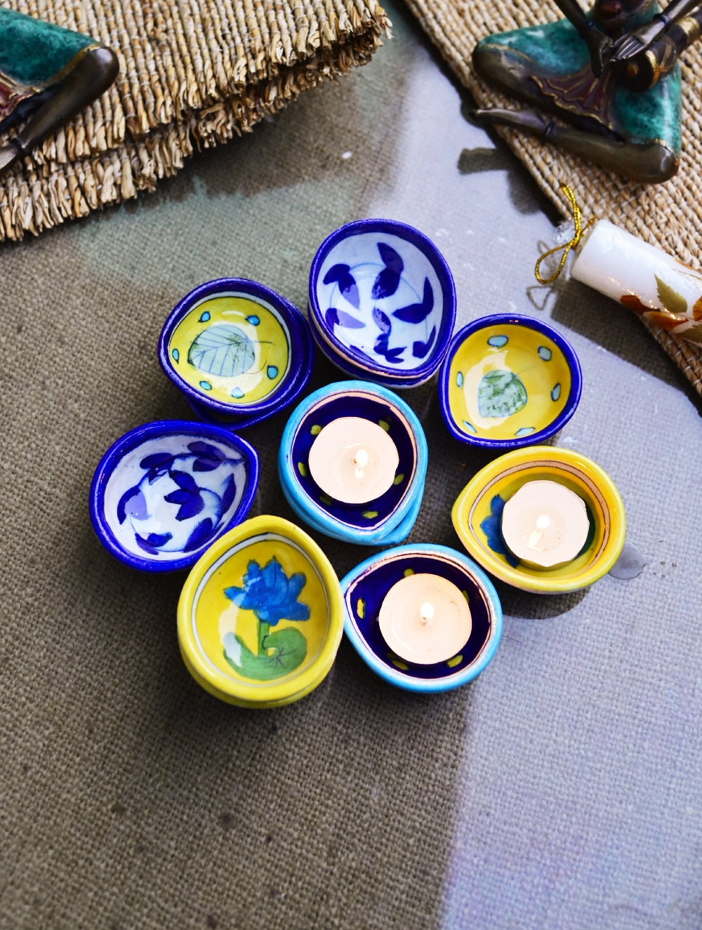 The Heritage Diya Collection: Jaipur Blue Pottery Diyas (Set of 12) & Aromatic Puducherry Candles (Set of 2) - Azure Botanica