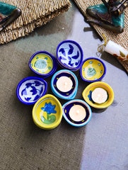 The Heritage Diya Collection: Jaipur Blue Pottery Diyas (Set of 12) & Aromatic Puducherry Candles (Set of 2) - Azure Botanica