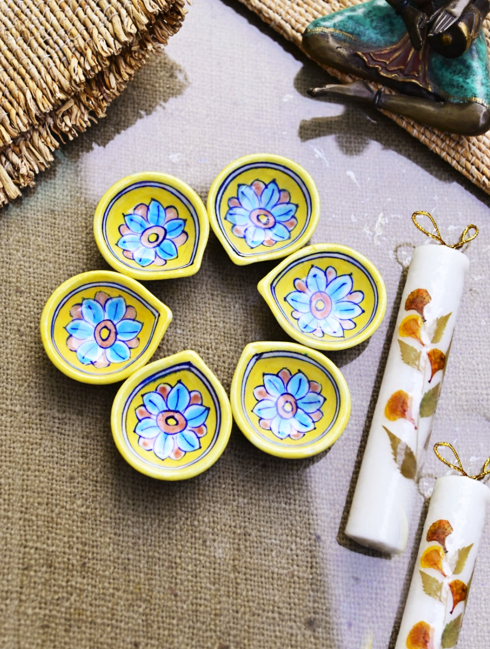 The Heritage Diya Collection: Jaipur Blue Pottery Diyas (Set of 6) & Aromatic Puducherry Candles (Set of 2) - Floral Noor