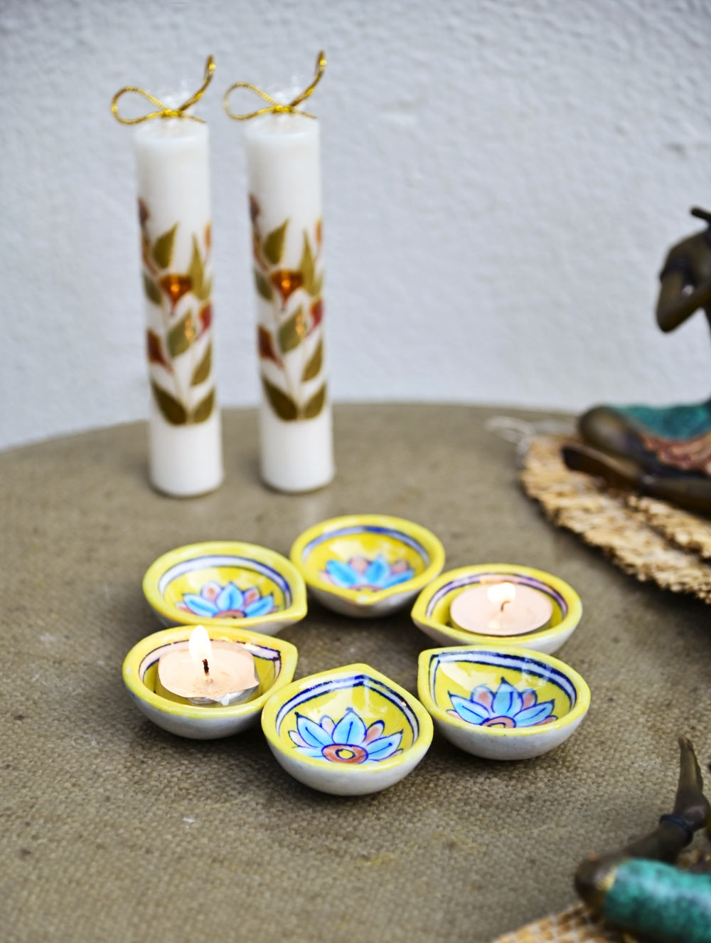 The Heritage Diya Collection: Jaipur Blue Pottery Diyas (Set of 6) & Aromatic Puducherry Candles (Set of 2) - Floral Noor