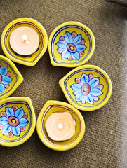The Heritage Diya Collection: Jaipur Blue Pottery Diyas (Set of 6) & Aromatic Puducherry Candles (Set of 2) - Floral Noor