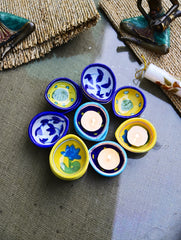 The Heritage Diya Collection: Jaipur Blue Pottery Diyas (Set of 12) & Aromatic Puducherry Candles (Set of 2) - Royal Garden.