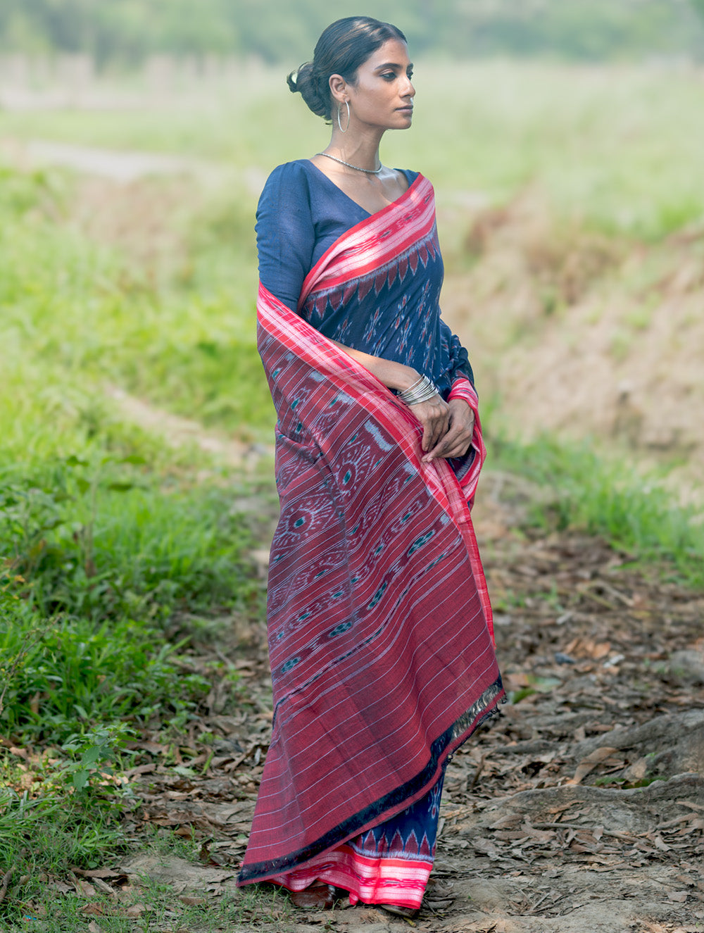 Sambalpuri Handwoven Ikat Soft Cotton Saree - Neel Megh