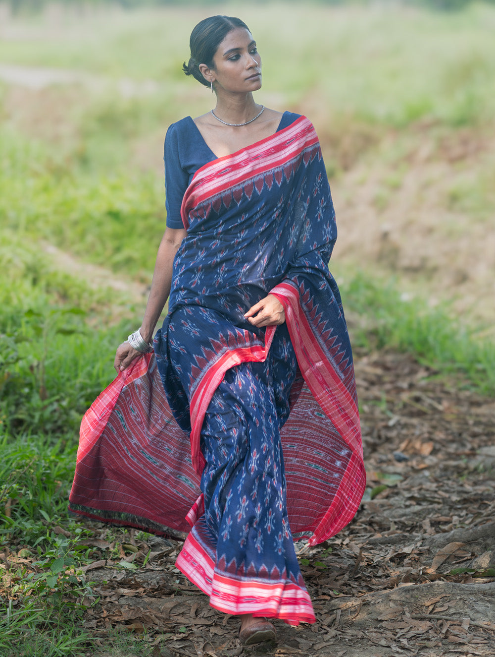 Sambalpuri Handwoven Ikat Soft Cotton Saree - Neel Megh