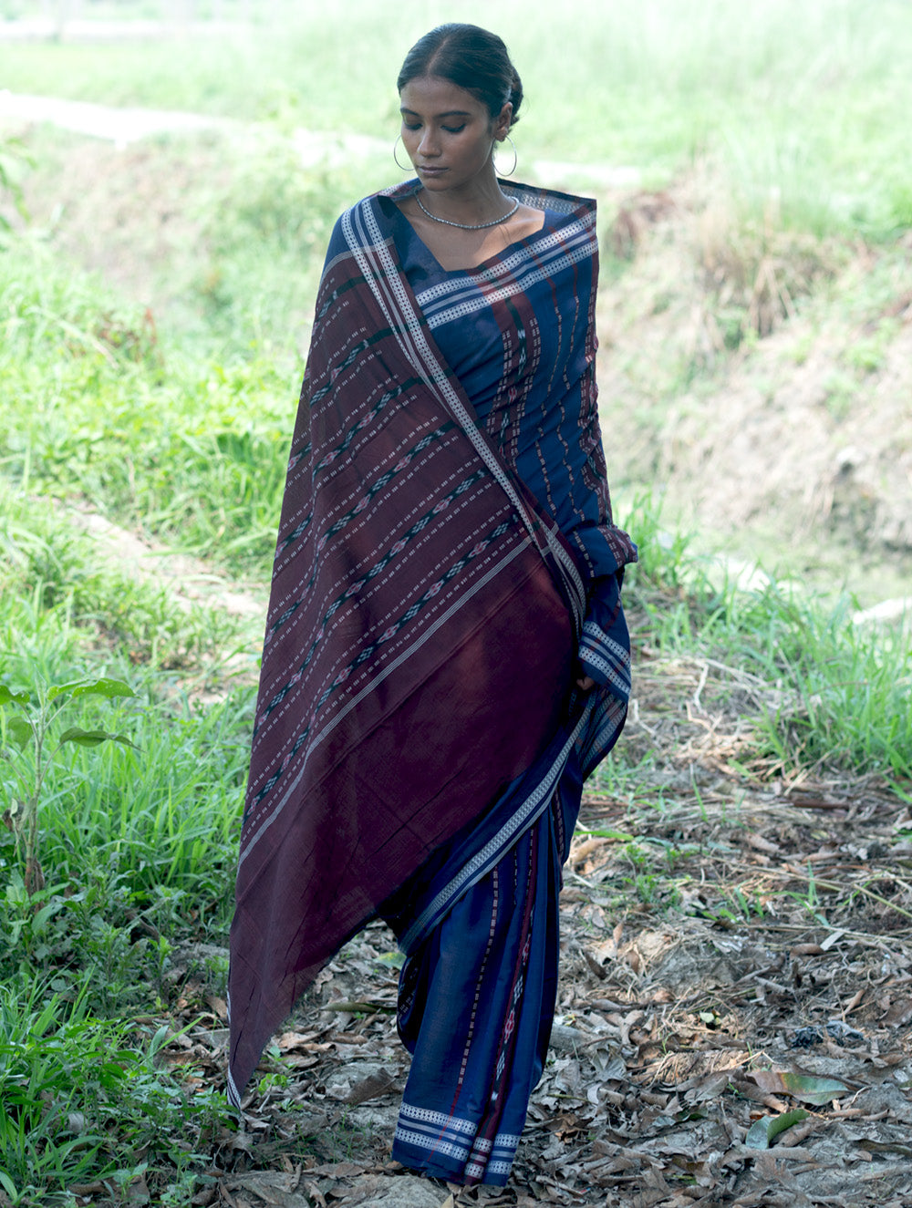 Sambalpuri Handwoven Ikat Soft Cotton Saree - Indra Neel