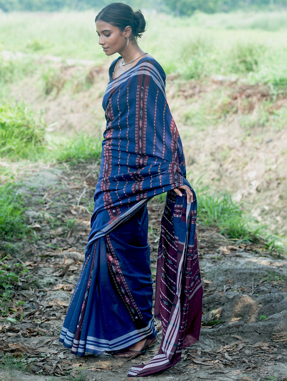 Sambalpuri Handwoven Ikat Soft Cotton Saree - Indra Neel