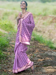 Bengal Weaves. Handwoven Cotton Saree - Lavender Rekha
