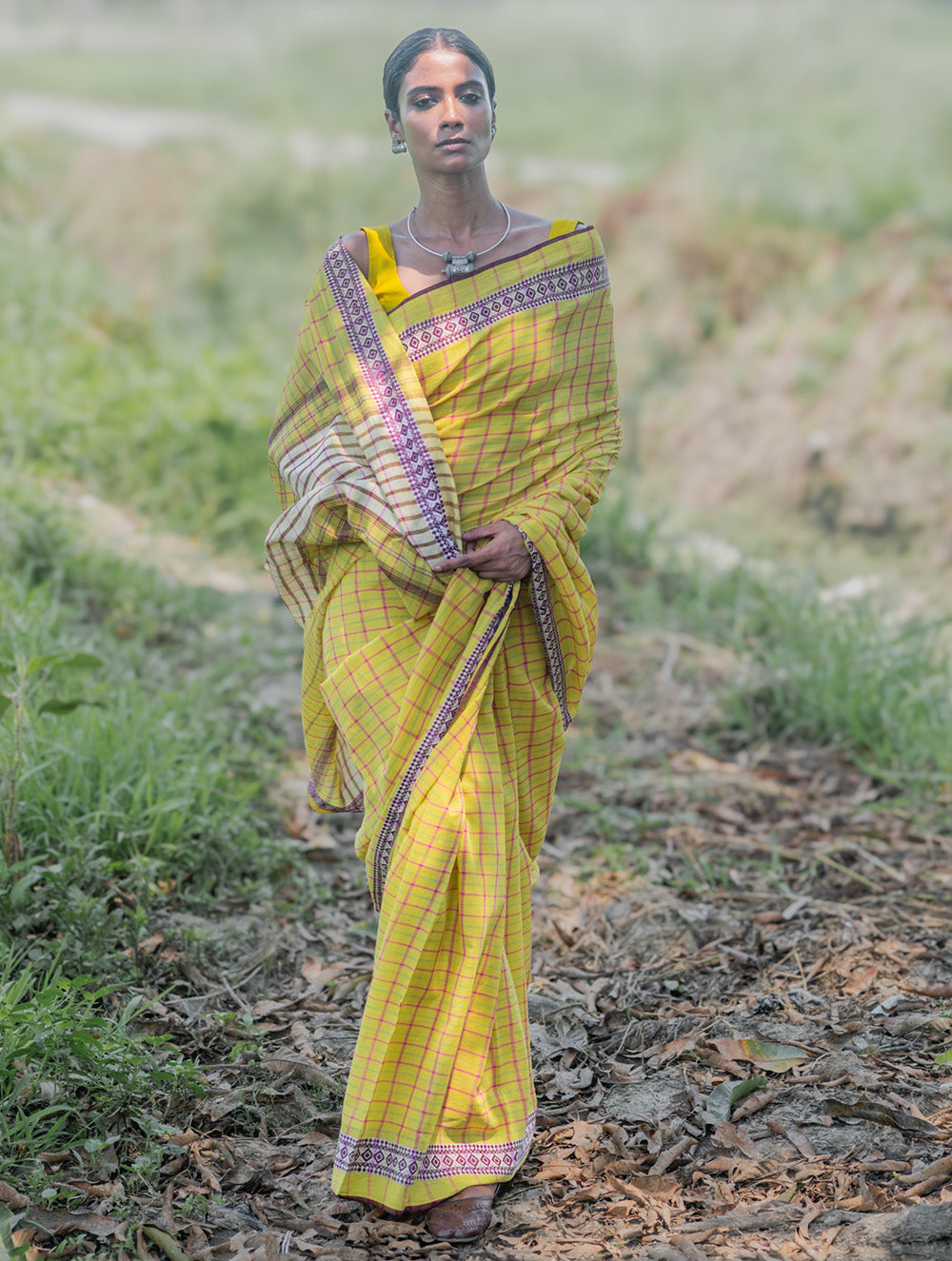 Bengal Weaves. Handwoven Cotton Saree - Haridra Rekh