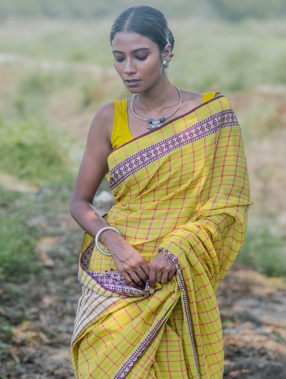 Bengal Weaves. Handwoven Cotton Saree - Haridra Rekh