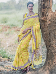Bengal Weaves. Handwoven Cotton Saree - Haridra Rekh