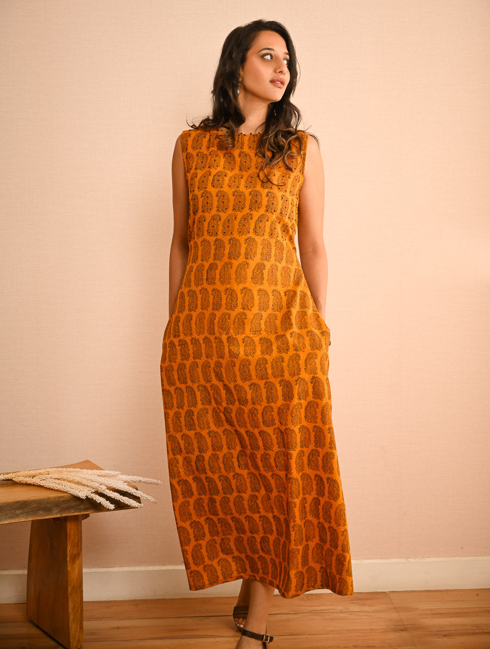 Cool Classics. Bagh Hand Block Printed Easy Dress - Yellow Paisley