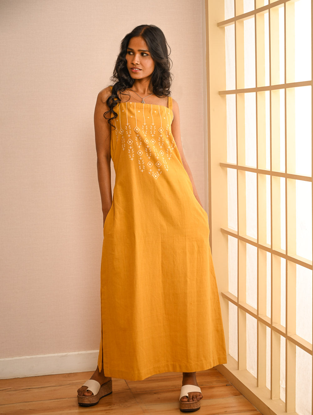 Cool Classics. Handwoven Kashida Pattu Strap Dress - Sunshine Straps