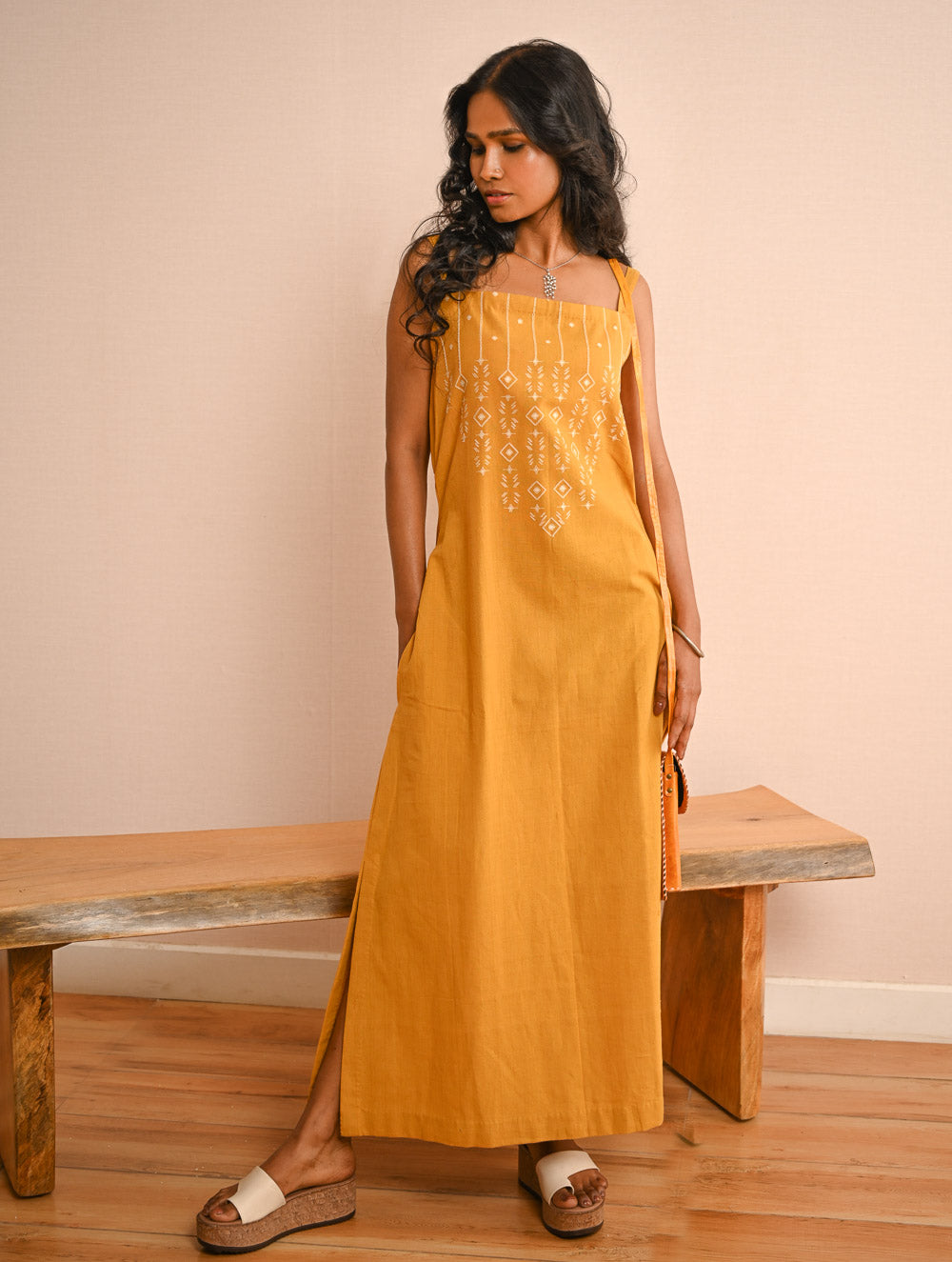 Cool Classics. Handwoven Kashida Pattu Strap Dress - Sunshine Straps