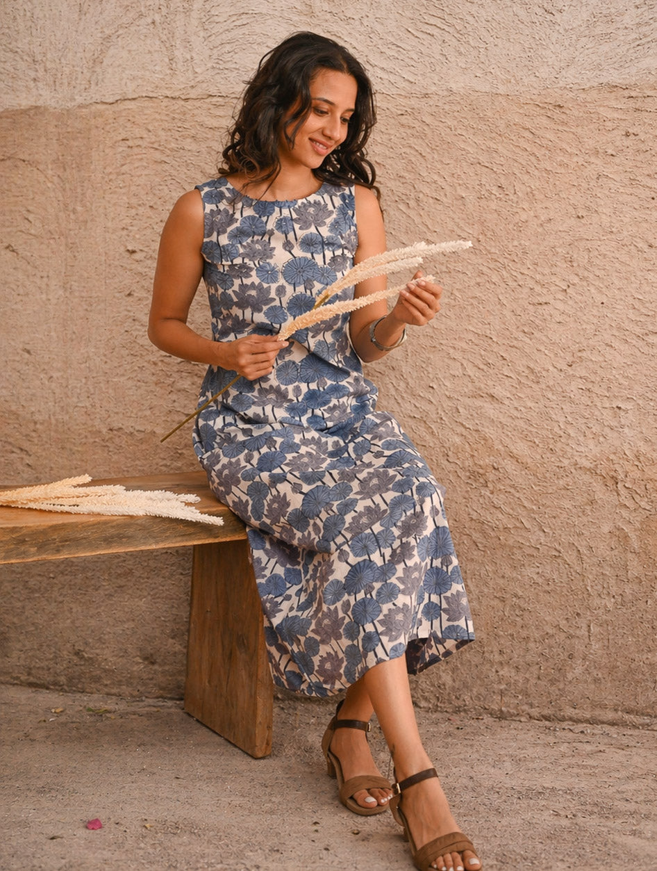 Cool Classics. Sanganer Hand Block Printed Easy Dress - White Lotus
