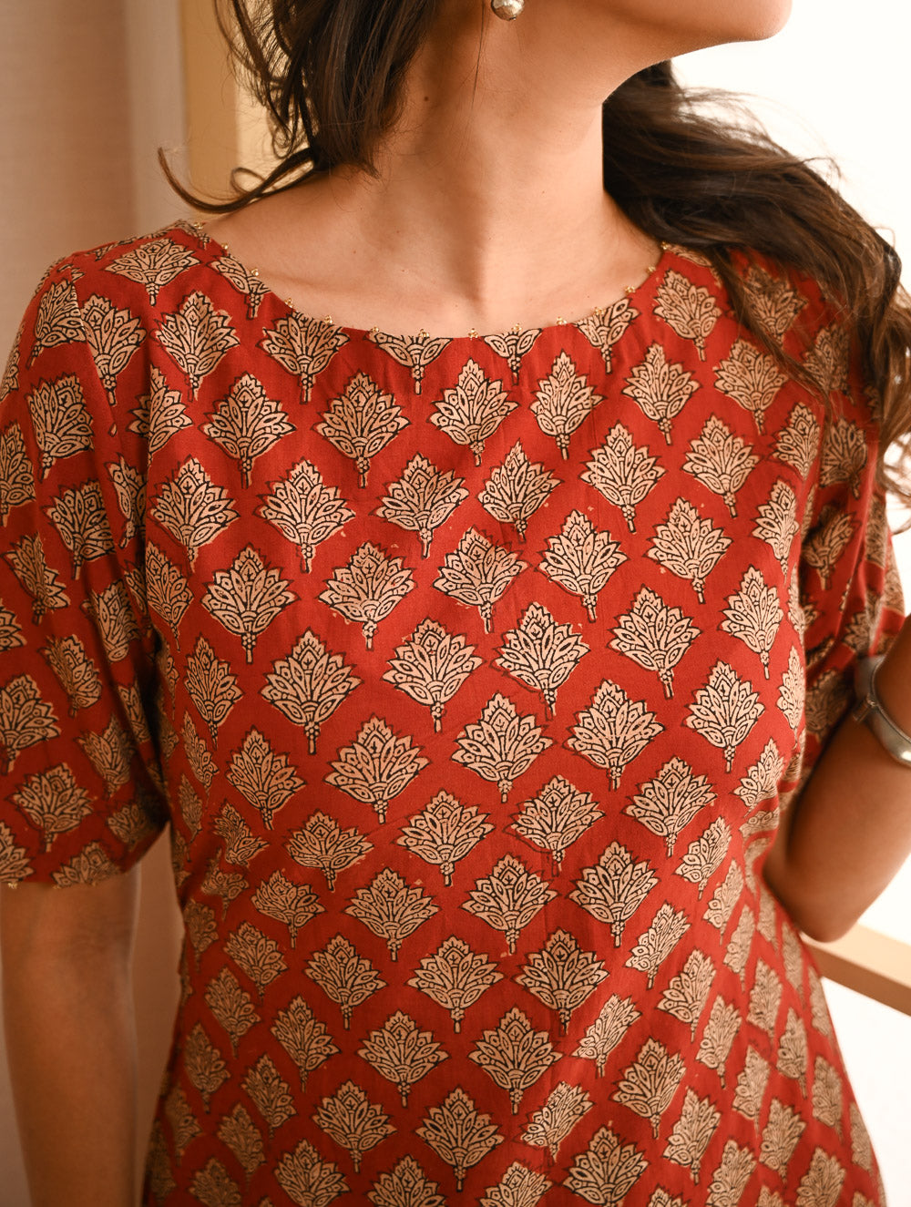 Cool Classics. Bagru Block Printed Easy Dress - Red Ornate