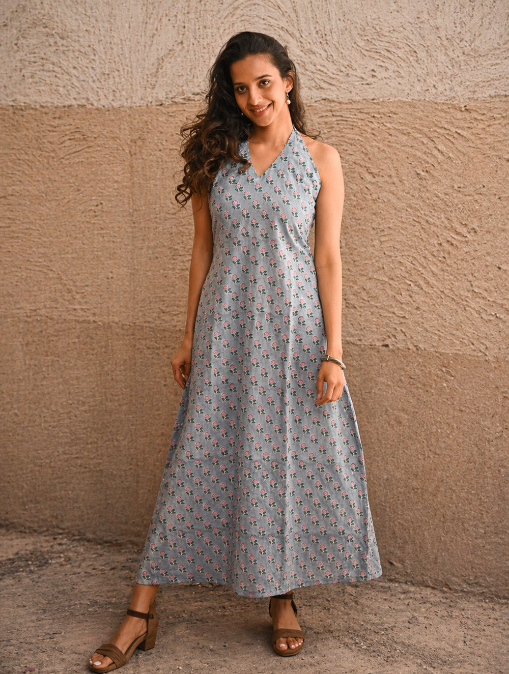 Cool Classics. Sanganer Hand Block Printed Halter Dress - Blue Roses 
