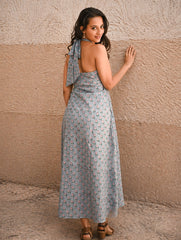 Cool Classics. Sanganer Hand Block Printed Halter Dress - Blue Roses 
