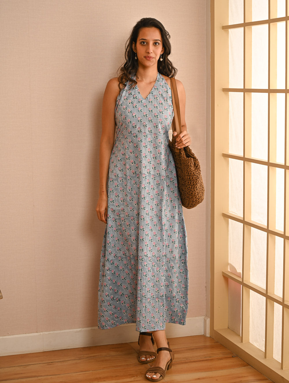 Cool Classics. Sanganer Hand Block Printed Halter Dress - Blue Roses 