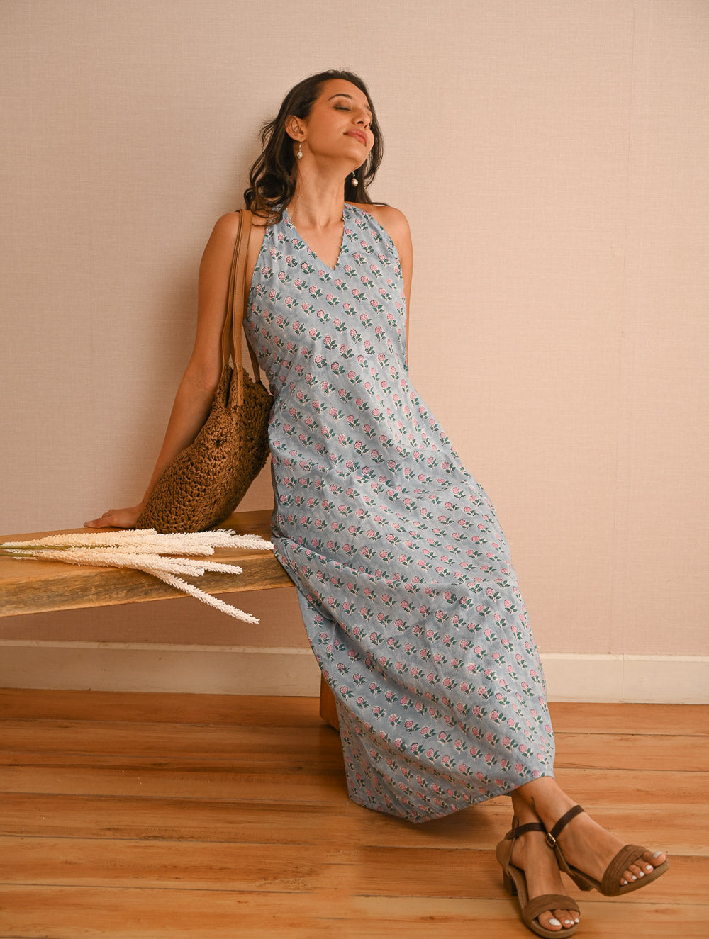 Cool Classics. Sanganer Hand Block Printed Halter Dress - Blue Roses 