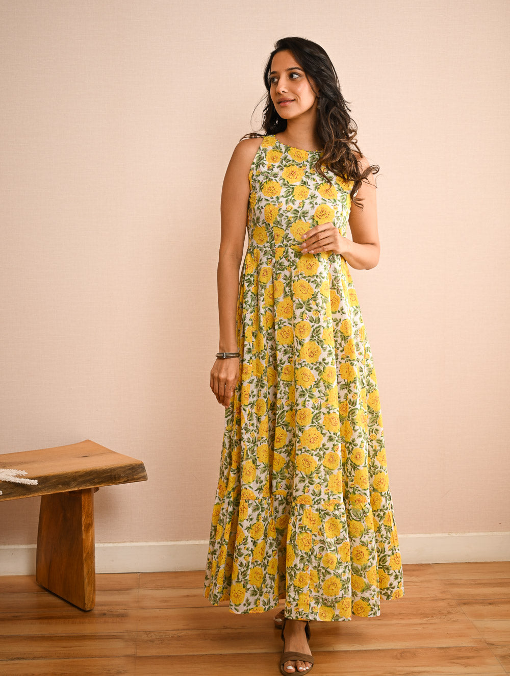 Cool Classics. Sanganer Hand Block Printed Easy Dress - Floral Sunshine