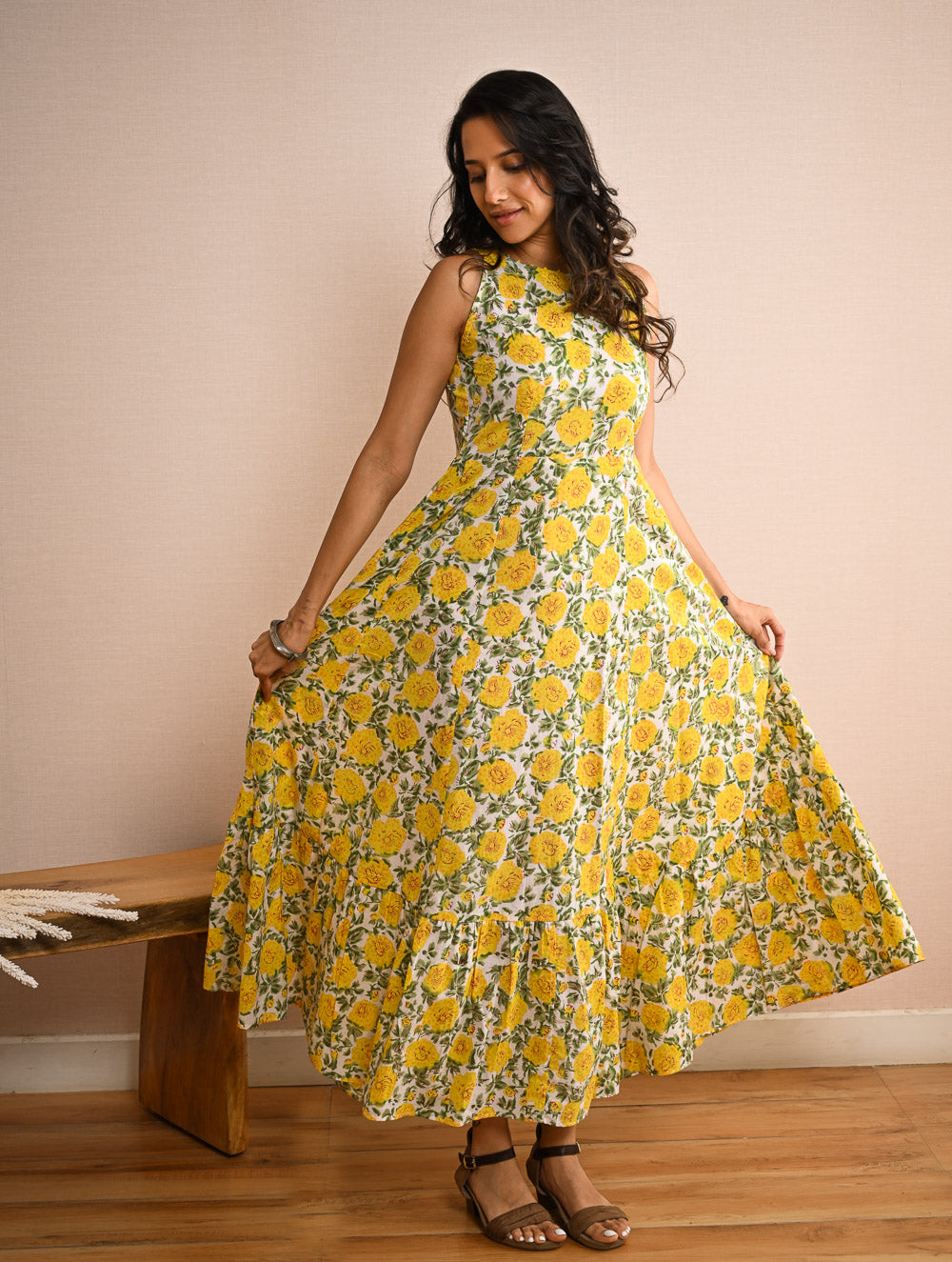Cool Classics. Sanganer Hand Block Printed Easy Dress - Floral Sunshine