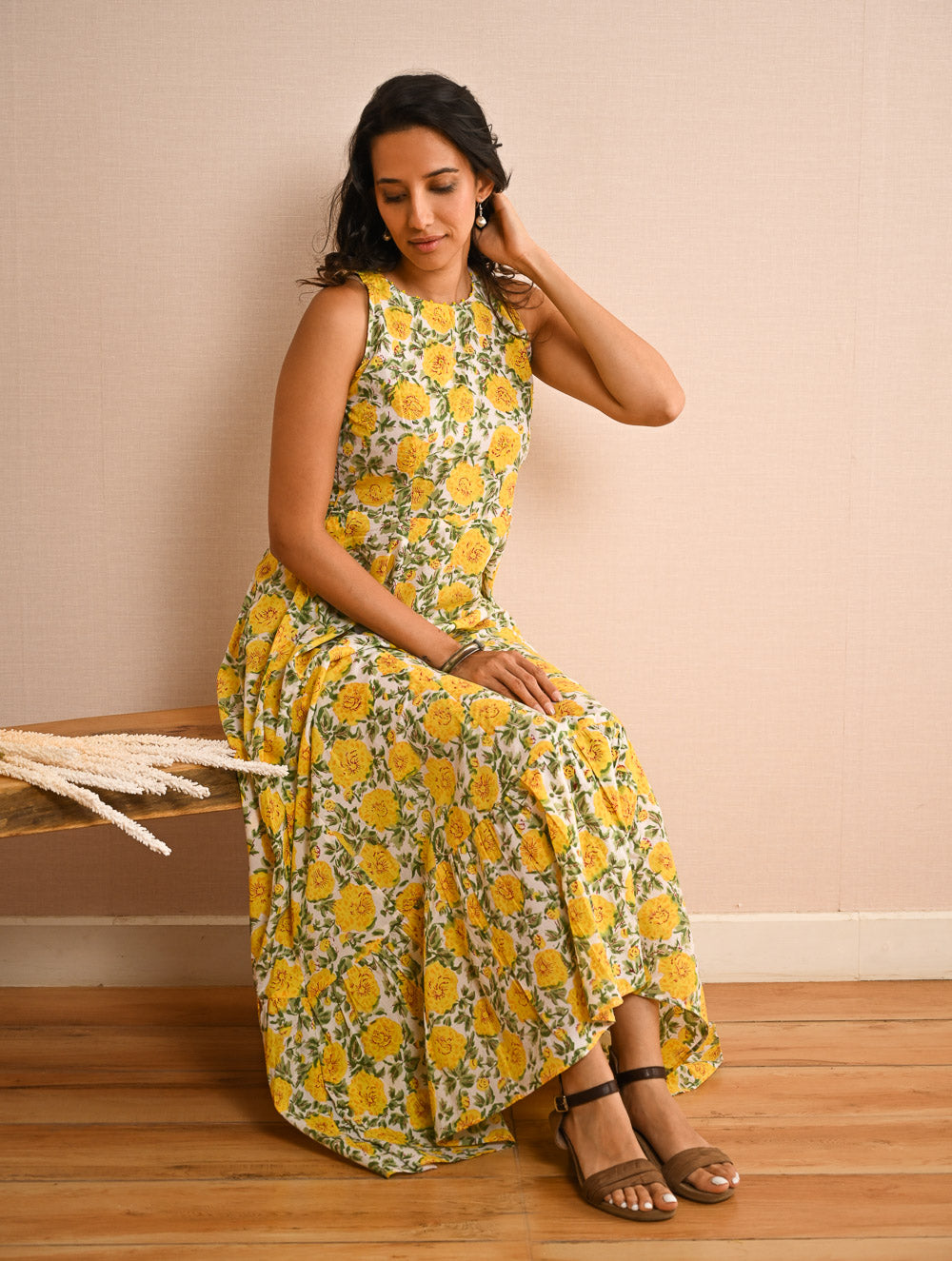 Cool Classics. Sanganer Hand Block Printed Easy Dress - Floral Sunshine