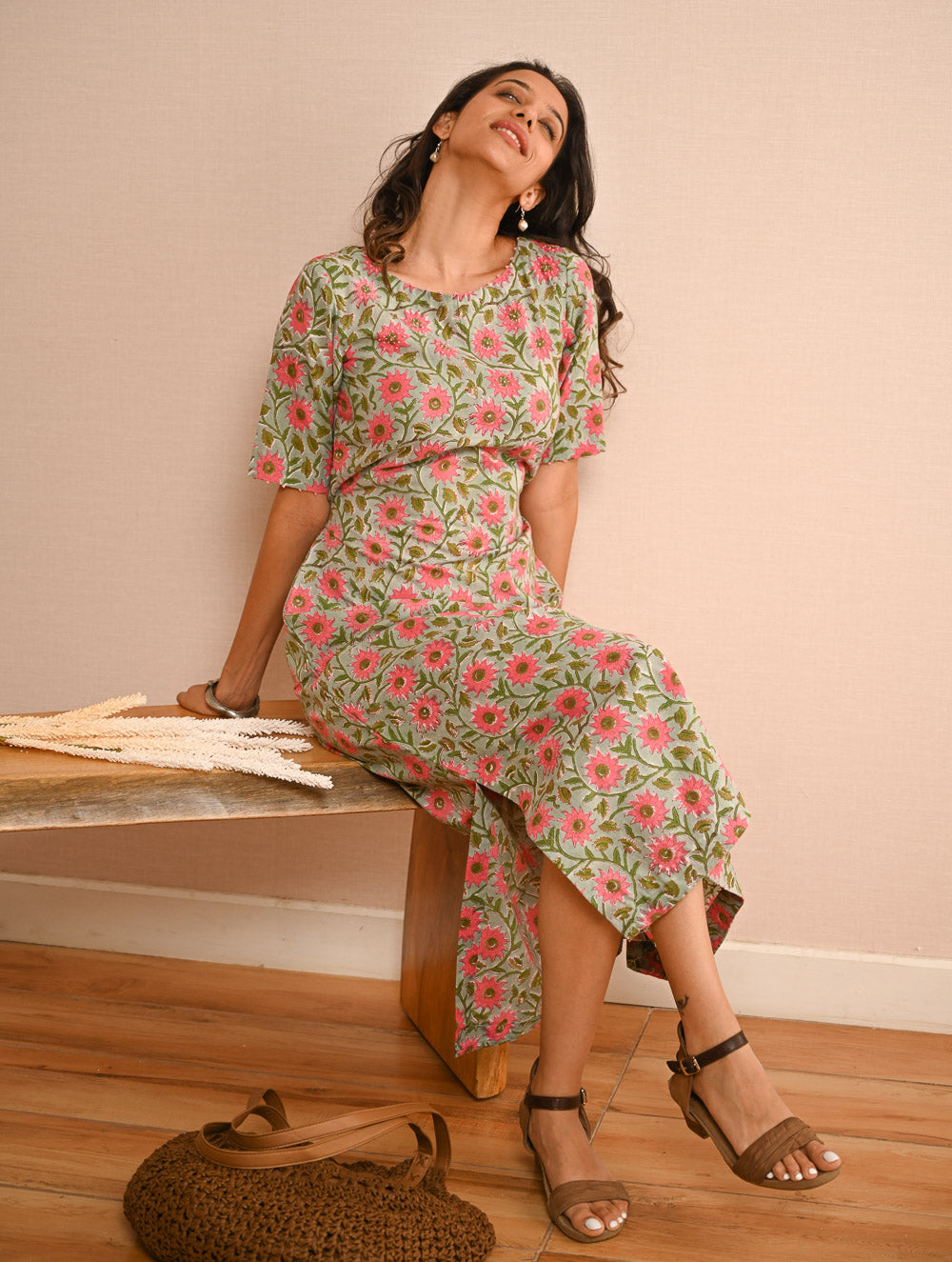 Cool Classics. Sanganer Hand Block Printed Easy Dress - Pink Daisy