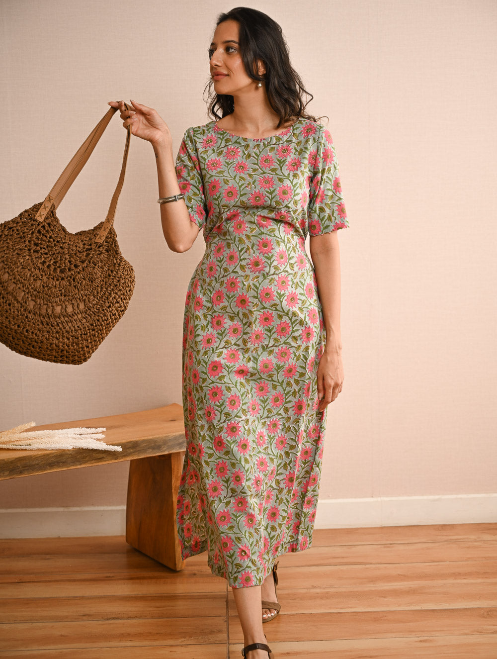 Cool Classics. Sanganer Hand Block Printed Easy Dress - Pink Daisy
