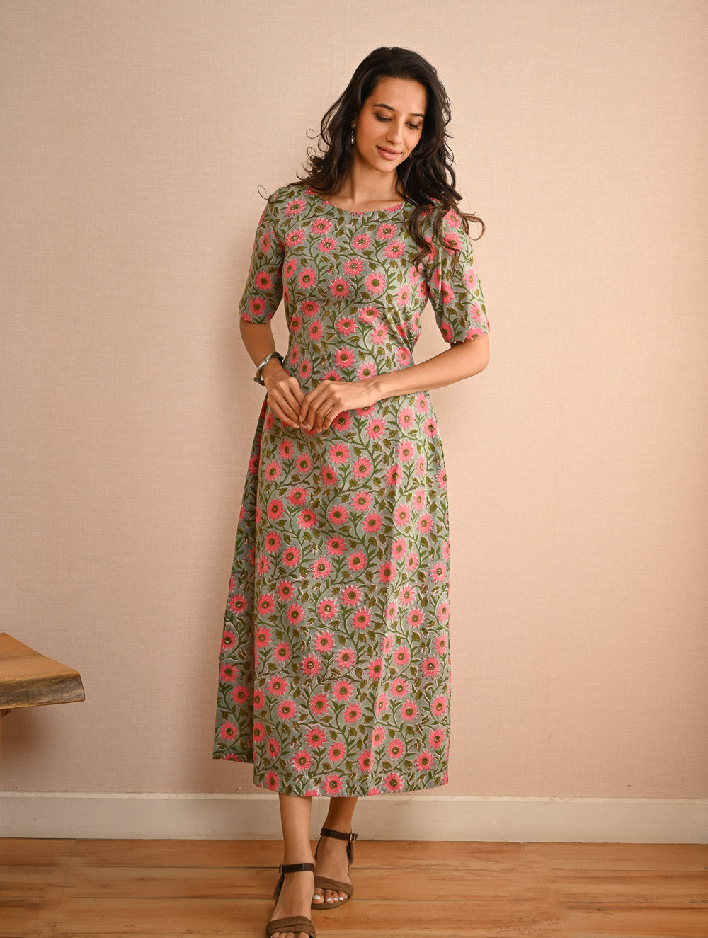 Cool Classics. Sanganer Hand Block Printed Easy Dress - Pink Daisy