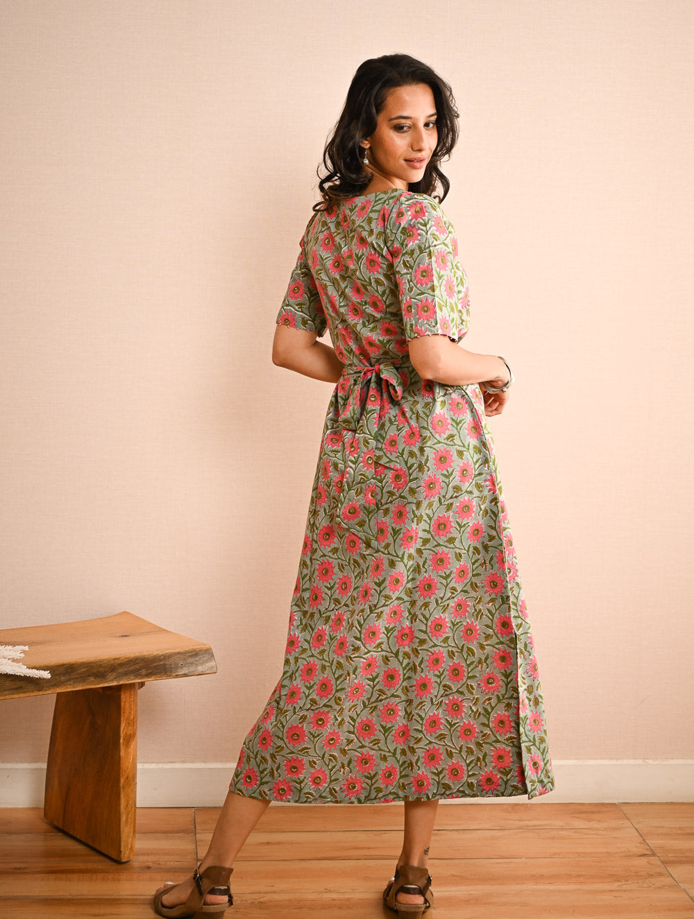 Cool Classics. Sanganer Hand Block Printed Easy Dress - Pink Daisy