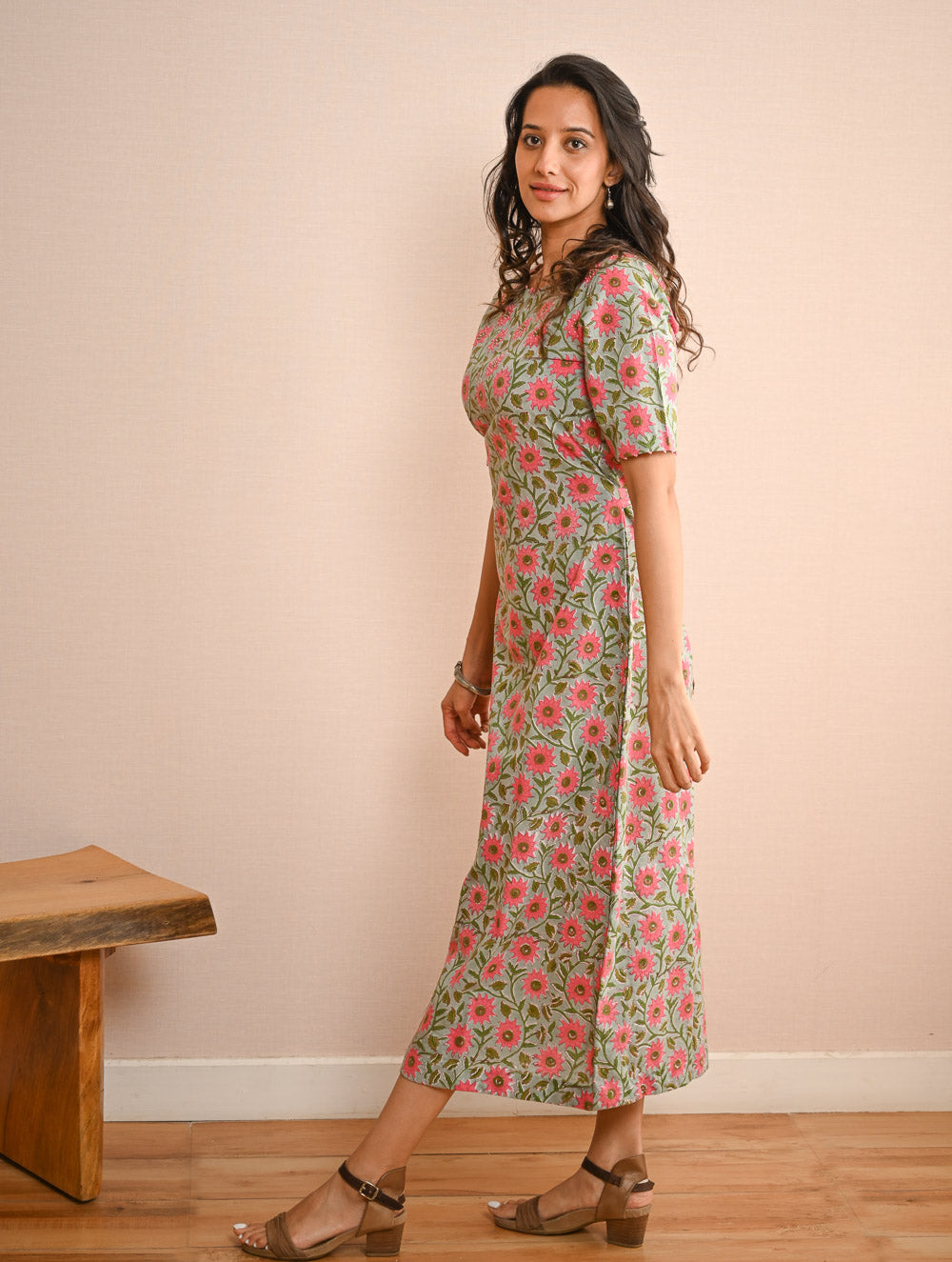 Cool Classics. Sanganer Hand Block Printed Easy Dress - Pink Daisy